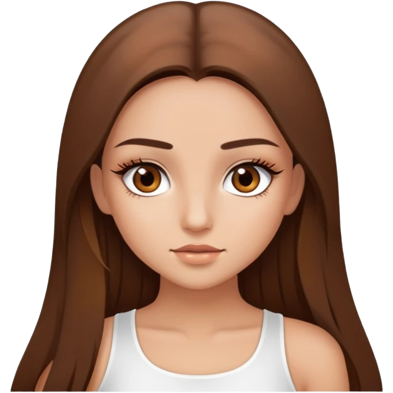 beautiful girl, long straight brown hair, brown eyes with lashes, wearing a white crop top, tan skin emoji