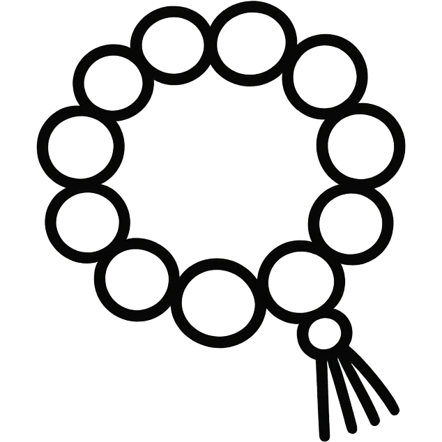 Ultra minimal prayer beads with just a few simple round beads and a tiny tassel, no extra details, plain background, hand drawn icon style with no fill. emoji