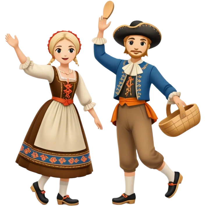 Cinematic Realistic scene of two performers executing the Klompendans, dressed in traditional Dutch costumes complete with wooden clogs and detailed folk patterns, captured in lively motion with soft, natural lighting emoji
