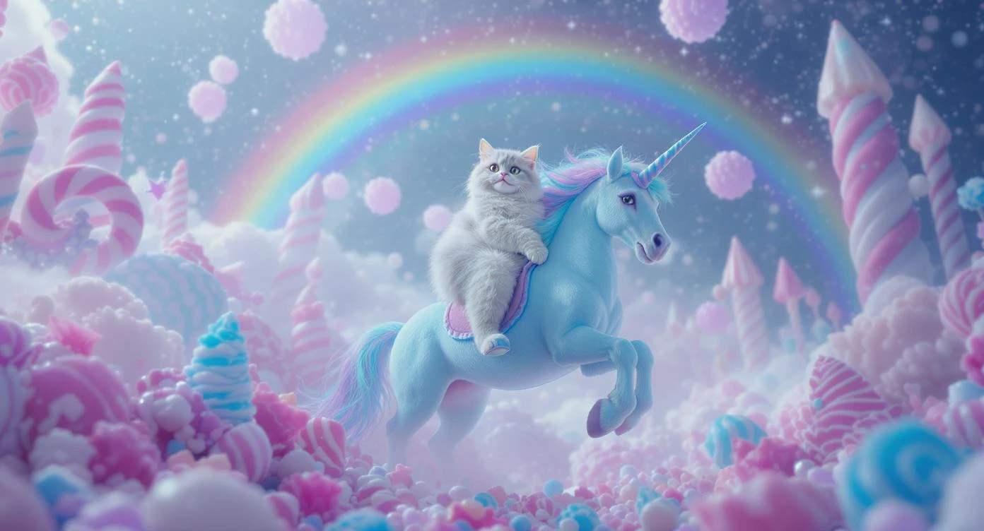 Cinematic still of a cat riding on unicorn around magic pink, and blue candy world, rainbow, dynamic shot emoji