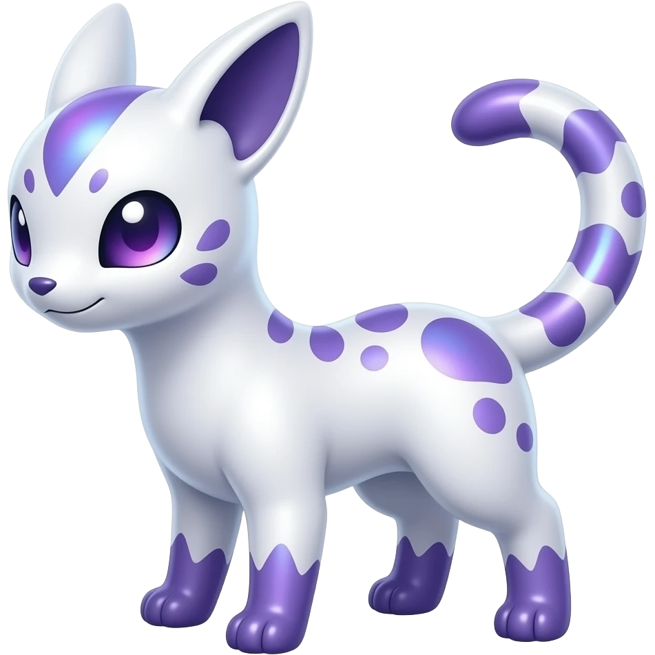 Shiny iridescent glossy oily smooth silky soft White with indigo-Violet-purple-pinkish-gradient markings beautiful handsome gorgeous aesthetic colorful vibrant Vernid-Trico-species-Fakemon-creature by LiLaiRa, 4 legs, 1 tail, random markings, (full body) emoji