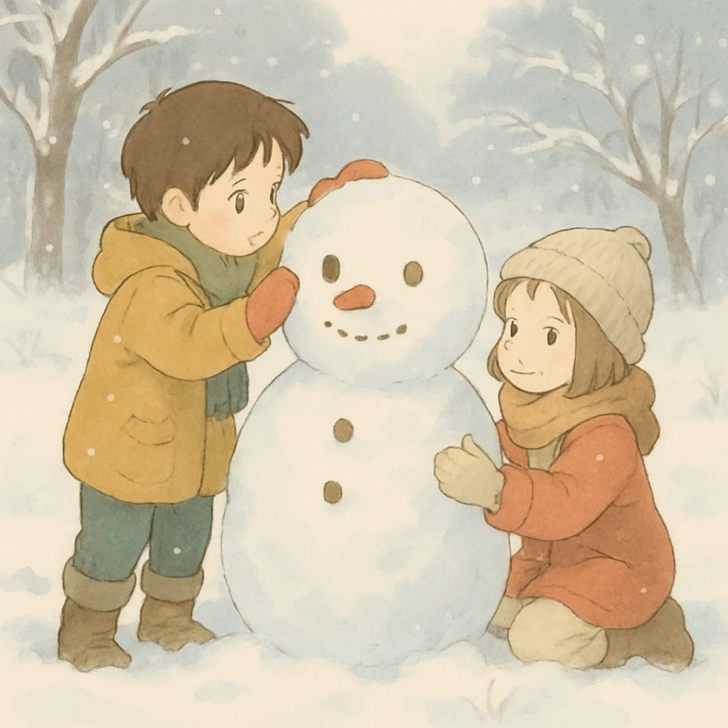 ghibli style kids building a snowman, soft colors, gentle winter scene emoji