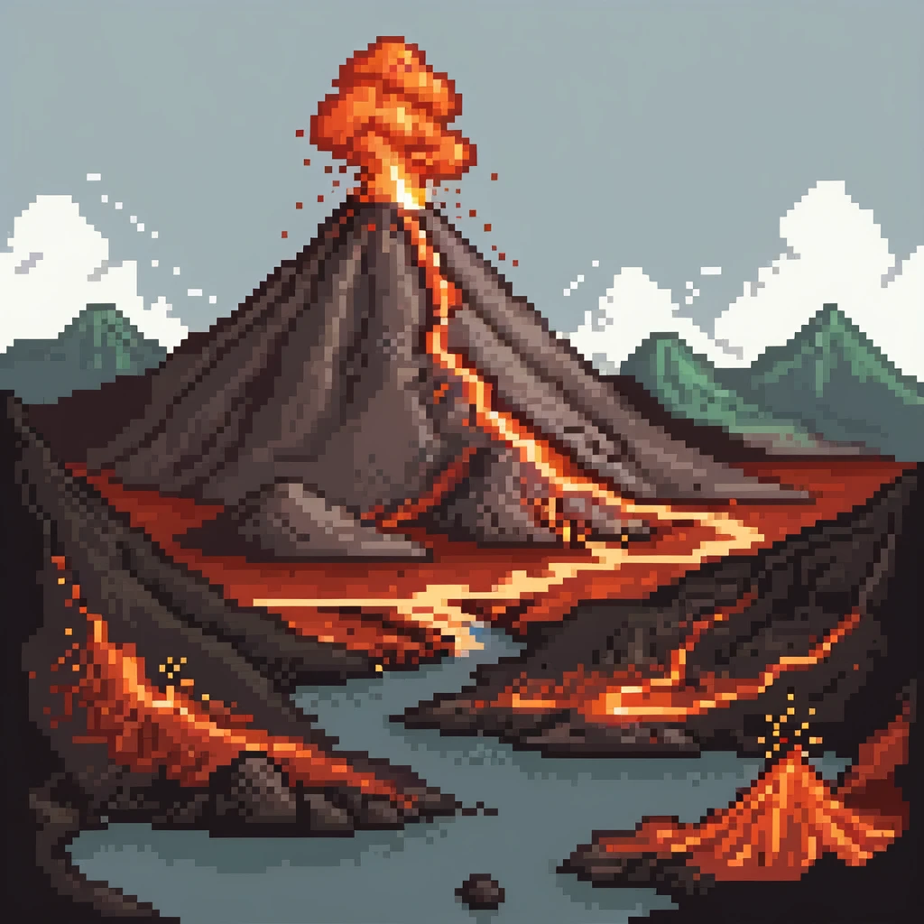 Volcanic landscape with erupting volcano, lava flows, and smoke clouds emoji