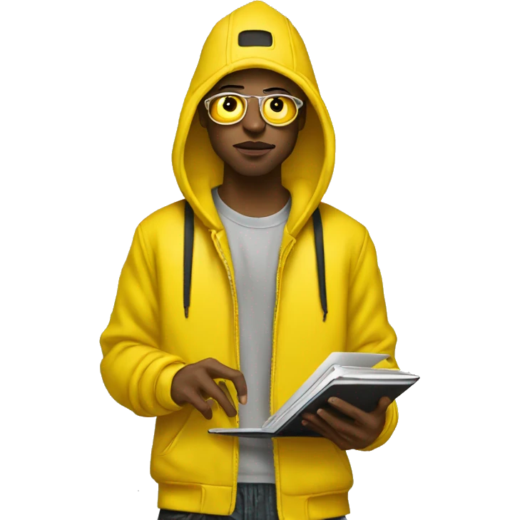 rapper wearing yellow with a mackbook emoji