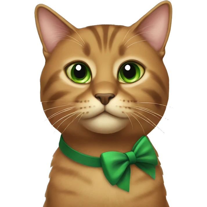 brown cat, with green eyes, black bow on chest emoji