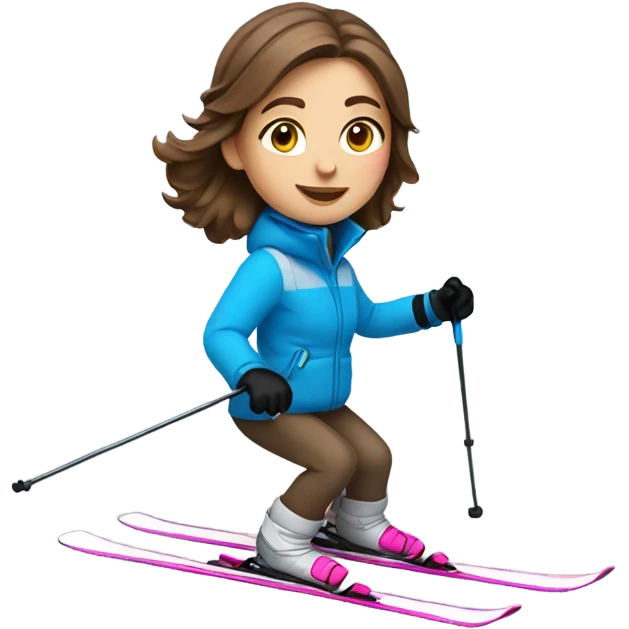 Girl with brown hair skiing with a blue coat white pants and pink skis emoji