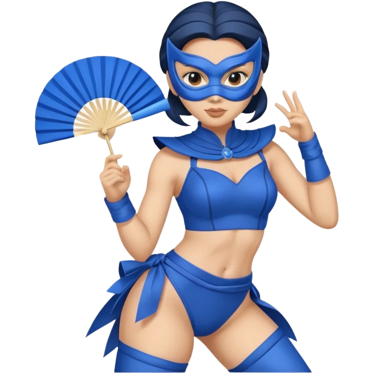 Kitana from Mortal Kombat 3, classic emoji style, blue outfit, mask, fans, dynamic pose emoji