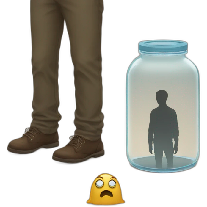 a glass jar standing on the floor between two man's feet emoji