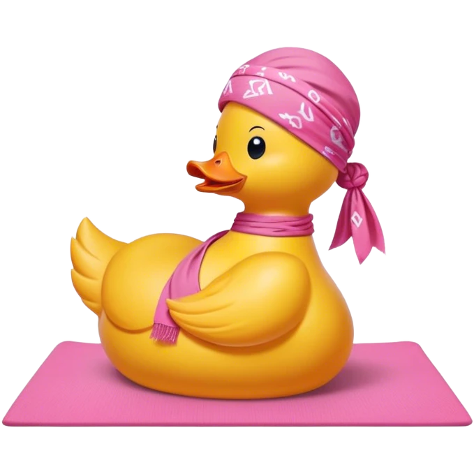 side view of yellow rubber duck with a pink bandana doing yoga while praying emoji
