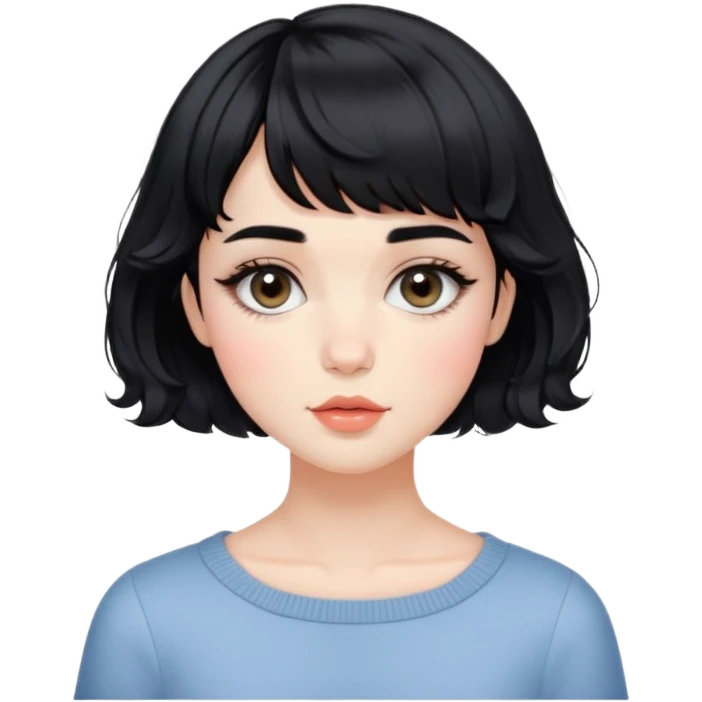 Gorgeous french woman short french haircut tousled wavy hair short straight across baby bangs black hair Amelie Beautiful Blushing Petite Girl with beautiful hair aesthetic emoji