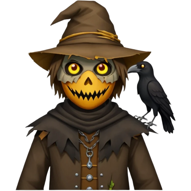 Scarecrow, Torn clothes, stitched mouth, glowing eyes, crow perched on shoulder. emoji