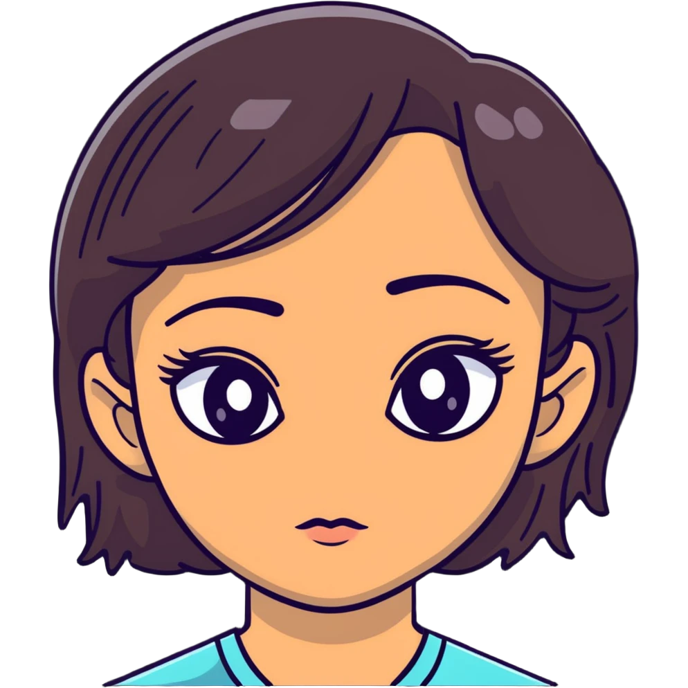 woman face with big eyes, medium skin tone, and dark hair emoji
