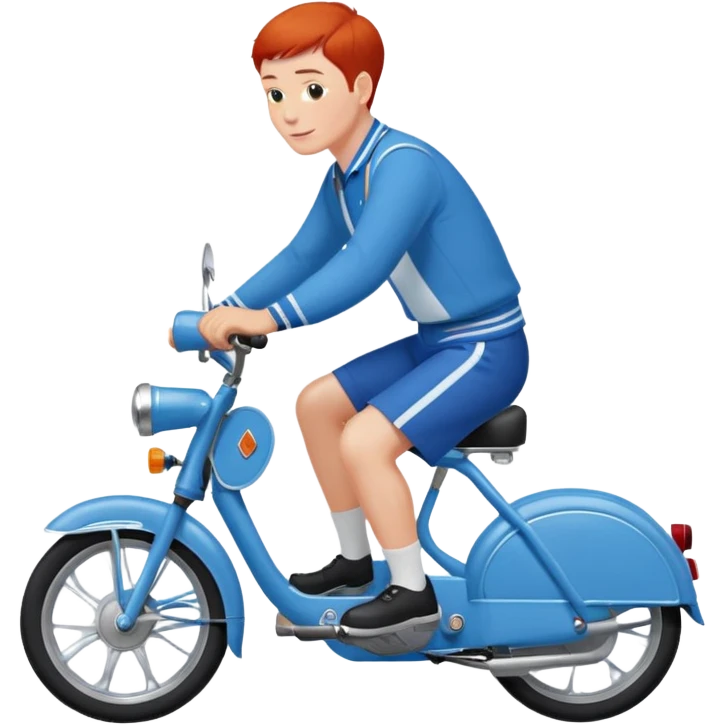 Un Solex 5000 de couleur blanche avec un homme aux guidon, habillé en bleu avec les cheveux courts et roux  emoji