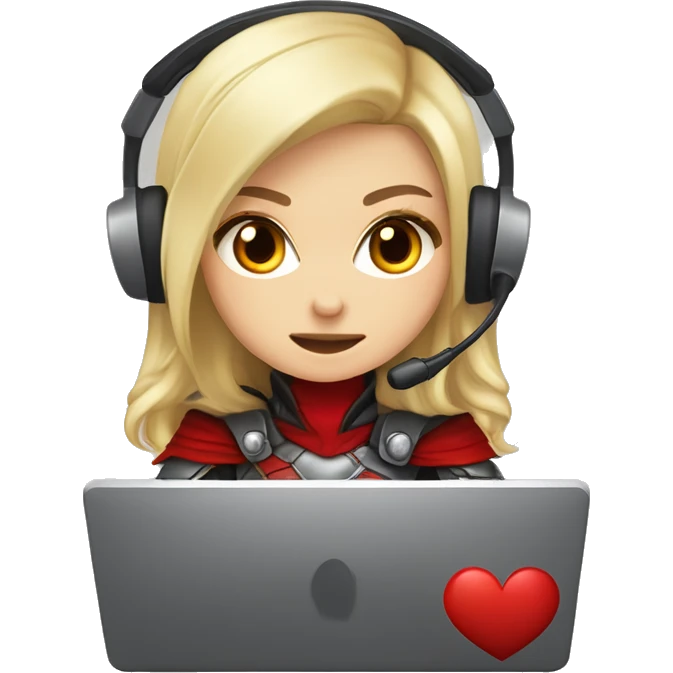 female blonde with armor and a red hood, amber eyes, red crescent moon on her right cheek, talking on headset, playing on her pc, chibi twicht emote, clear background emoji