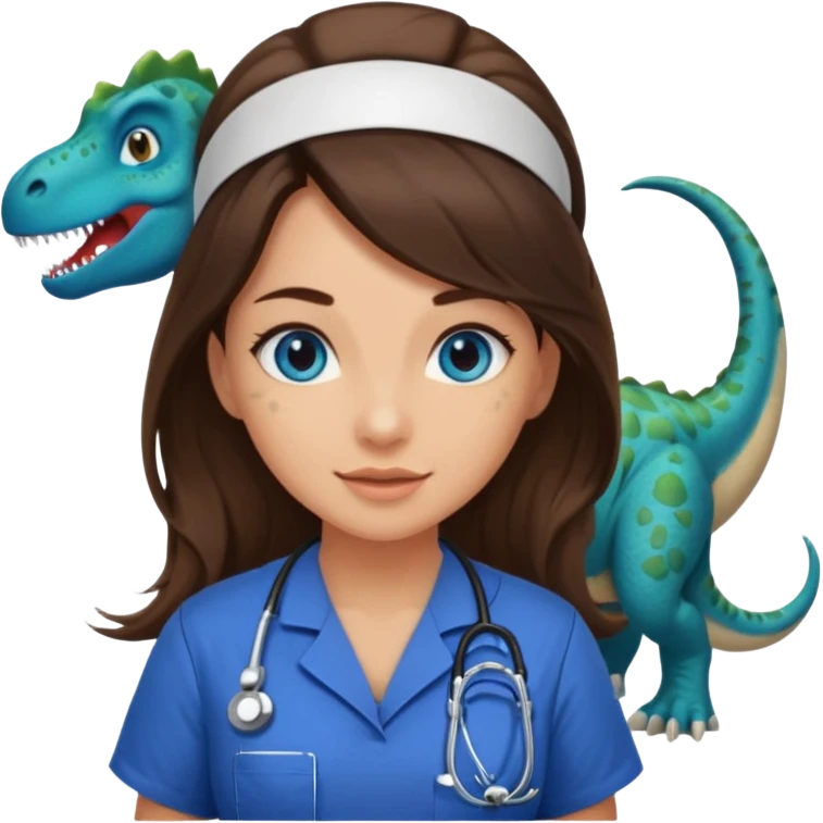 pretty brunette nurse with long hair and blue eyes in dinosaur scrubs emoji