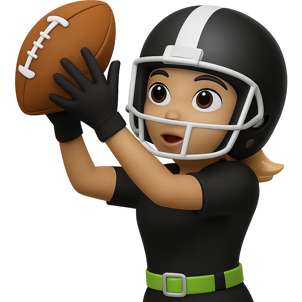 Create an emoji style image of a woman catching a football, wearing a helmet and an all black uniform with white accents. The only flag belt is lemon lime color, no other flags. She is holding one football. Keep the background transparent. emoji