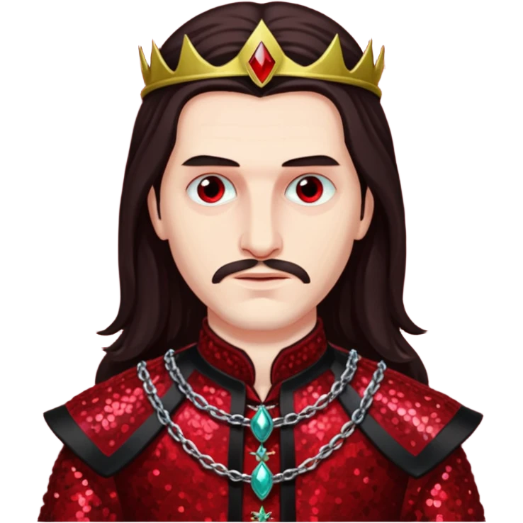 Vlad Tepes with long dark brown hair, dark red sequin outfit emoji