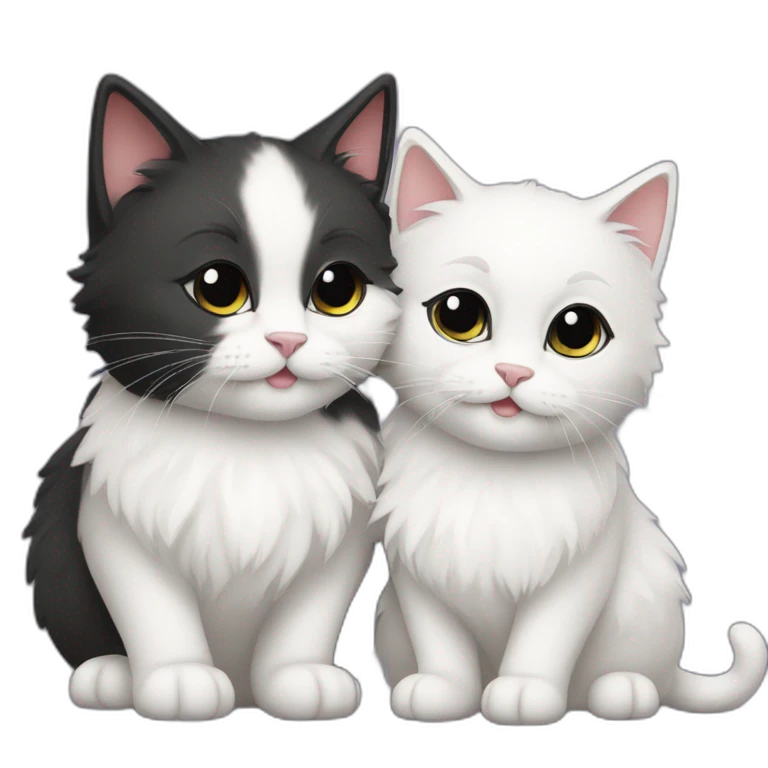 Two cute fluffy cats one black and one white kissing emoji