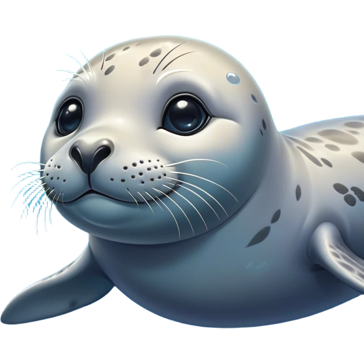 Cinematic Cute harbour seal Portrait Emoji, Head tilted playfully and inquisitively, featuring a charming, plump form with a sleek, shiny body and round, sparkling eyes full of gentle wonder, accented by a subtly contoured head, Simplified yet irresistibly adorable features, highly detailed, glowing with a warm, friendly oceanic glow, high shine, affectionate and lively, stylized with a touch of whimsical seaside charm, soft glowing outline, capturing the essence of a mischievous yet loving harbour seal that seems as if it could pop out of the screen into your arms! emoji