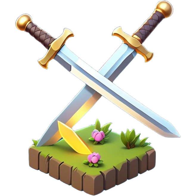 Clash of Clans aesthetic: Cinematic Playful 3D Isometric Sword Emoji, rendered in a 3D vector-style similar to standard emojis with minimal shading and bold, simplified shapes. A compact, distinct form with signature details, softly glowing with a fantasy RPG magic charm. Simplified yet unmistakably iconic, highly detailed and consistent, glowing with a soft radiance and high shine. Stylized with a touch of heroic grandeur and a soft glowing outline, capturing the essence of a beloved gaming relic with a friendly, playful manner! emoji