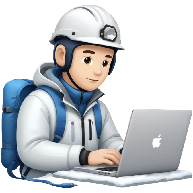 Парень в белой каске и зимней куртке работает за ноутбуком emoji