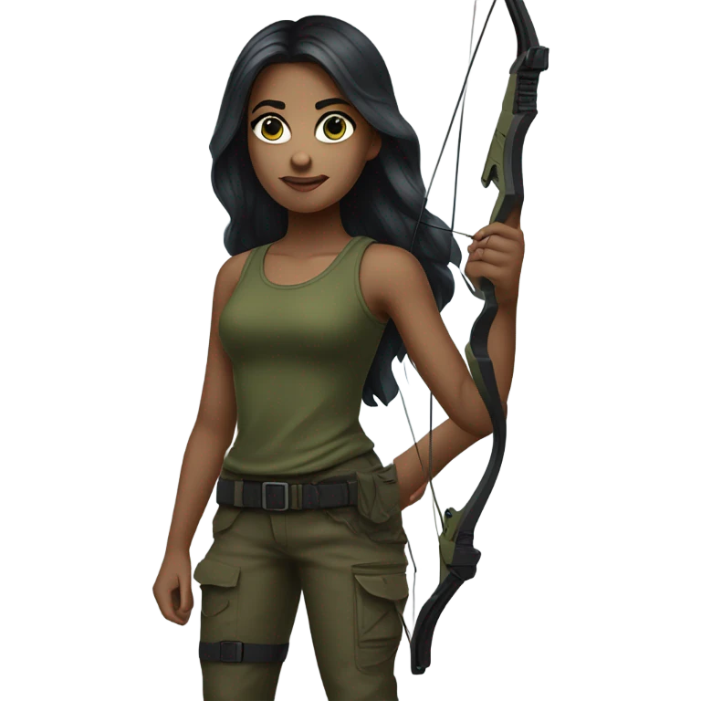 girl armed with bow and arrow, long dark hair, blue eyes, light skin, army green cargo pants, black tank top, black combat boots emoji