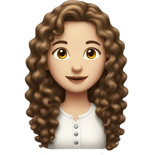 White girl with brunette long curly hair with cute smile and red heart instead of eyes emoji