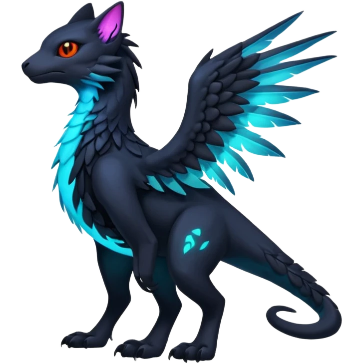Black Dark Exotic Tropical Beaked Feathery Nocturnal Neon-glowing Abyssal Nightly Abyss-Cat-Gryphon-Salandit-Silvally-Fakémon Creature (full body) emoji