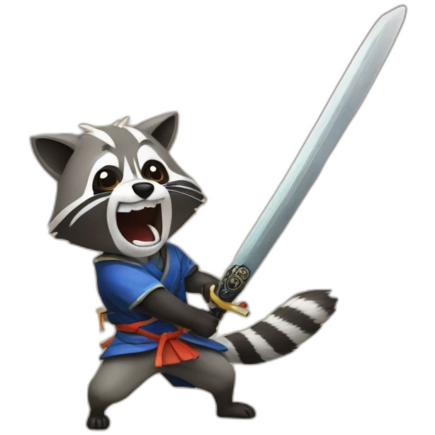 Raccoon fighting a dog with samurai sword emoji