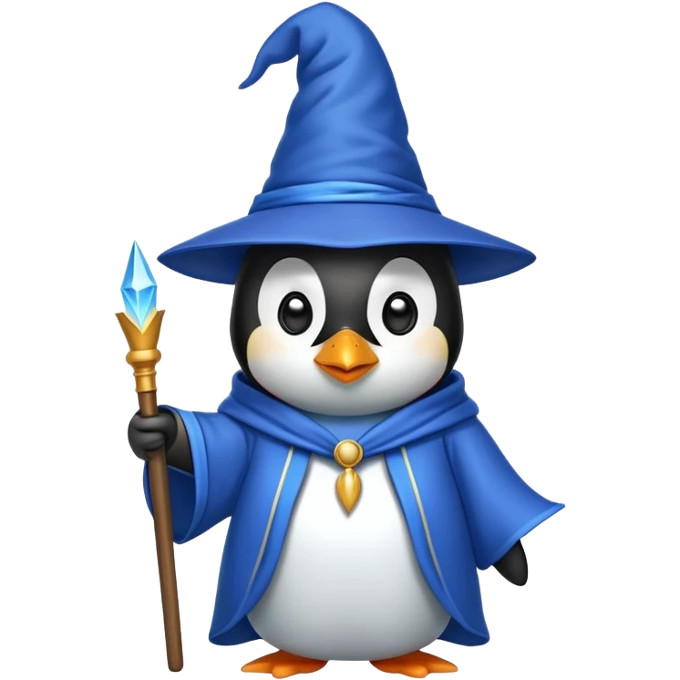 penguin wizard with a blue robe and pointed hat emoji