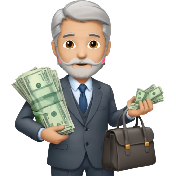 Un hombre con traje, de unos 60 años con barba, pelo largo, sin gafas y con una bolsa de dinero, importante, con traje de negocios y sin gafas  emoji