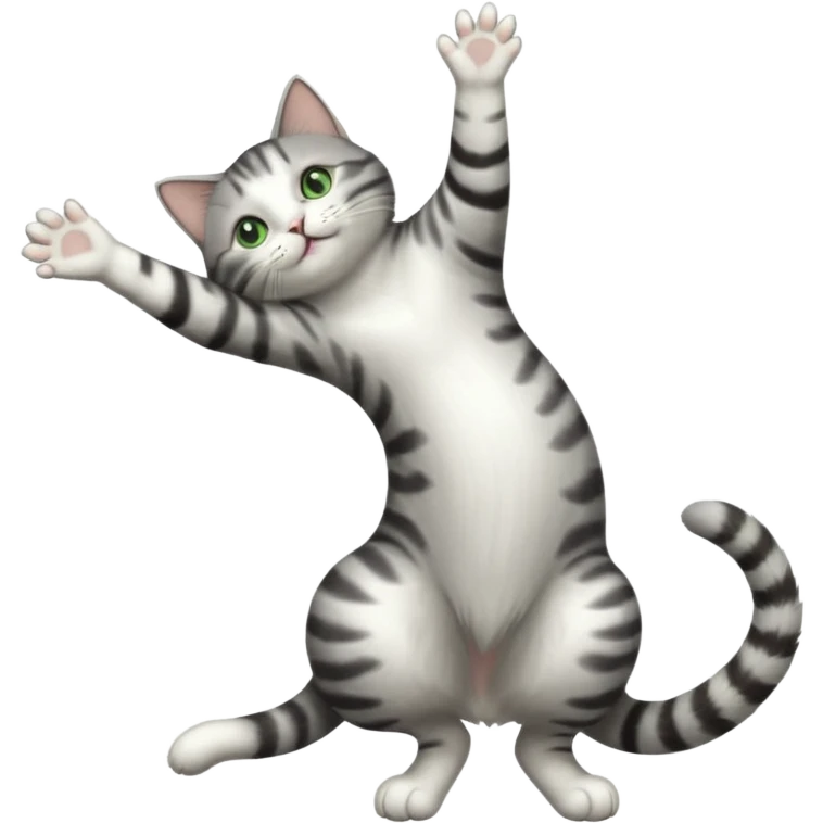 grey and white cat with green eyes doing a big extremely long stretch reaching up into the air with arms and legs side by side together straight and overextended whilst lying on its side emoji