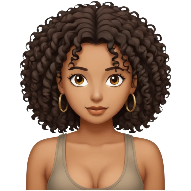 brown skinned lady with curly black hair, shoulder long hair, messy, nice curves, busty, low cut tank top emoji