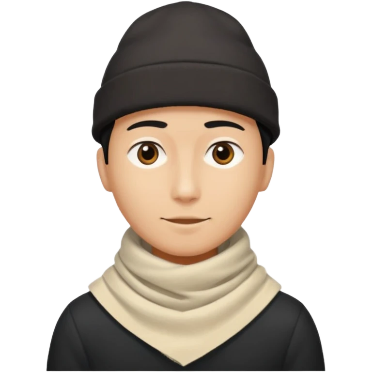 A guy with a triangle body with no arms and legs then his head is a perfect circle and black then give him a hat that doesn’t go behind his head, and last but not least give him a white scarf emoji