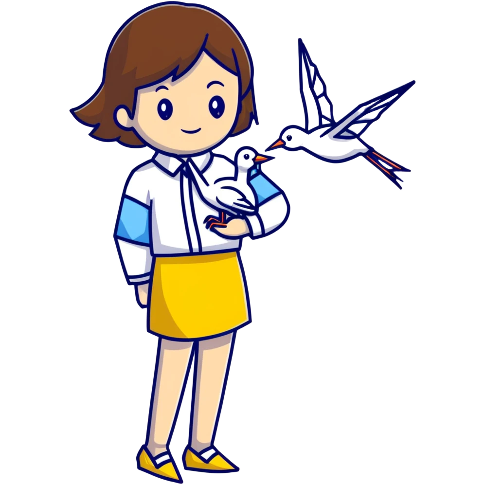 Ukrainian young girl with brown hair wearing a white embroidered shirt holds an origami yellow-blue crane emoji