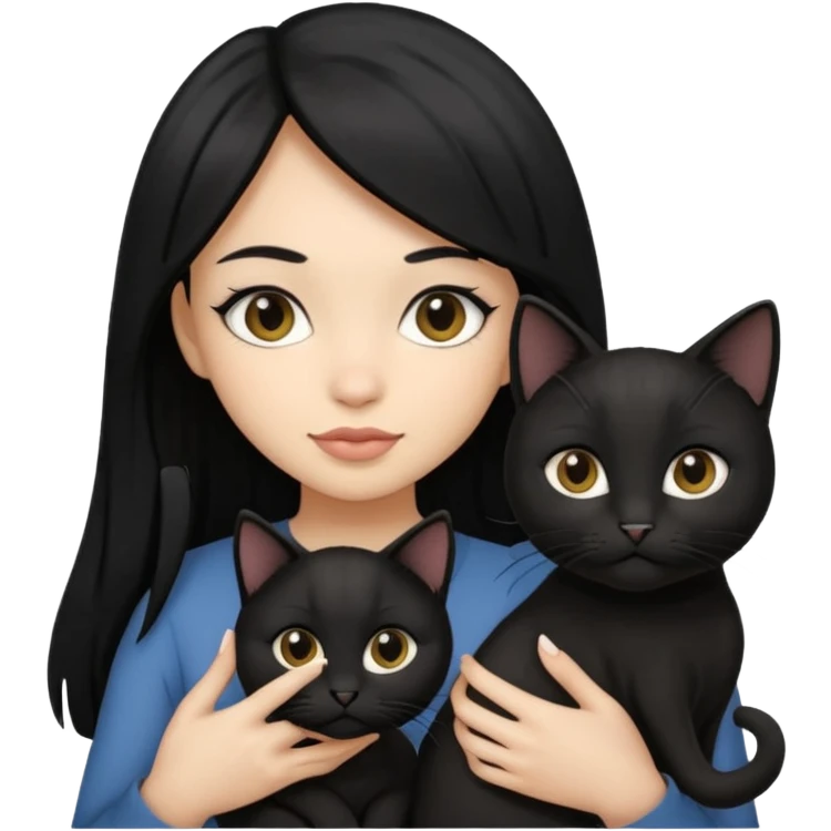 2 light skin tone girls with black straight hair holding 3 black cats emoji
