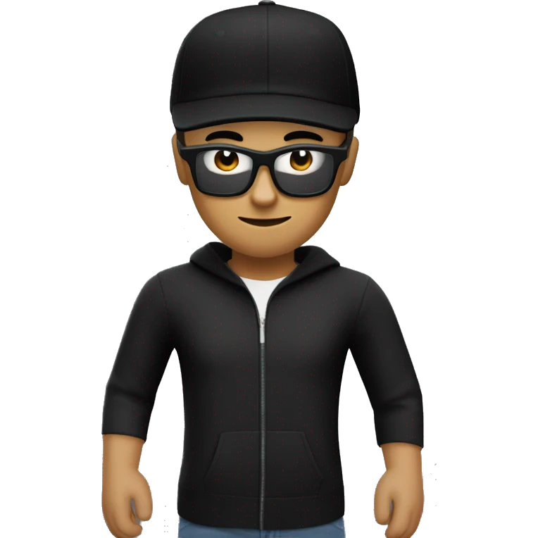 Boy with a Roblox studio dev huddie and black glasses and a black cap emoji