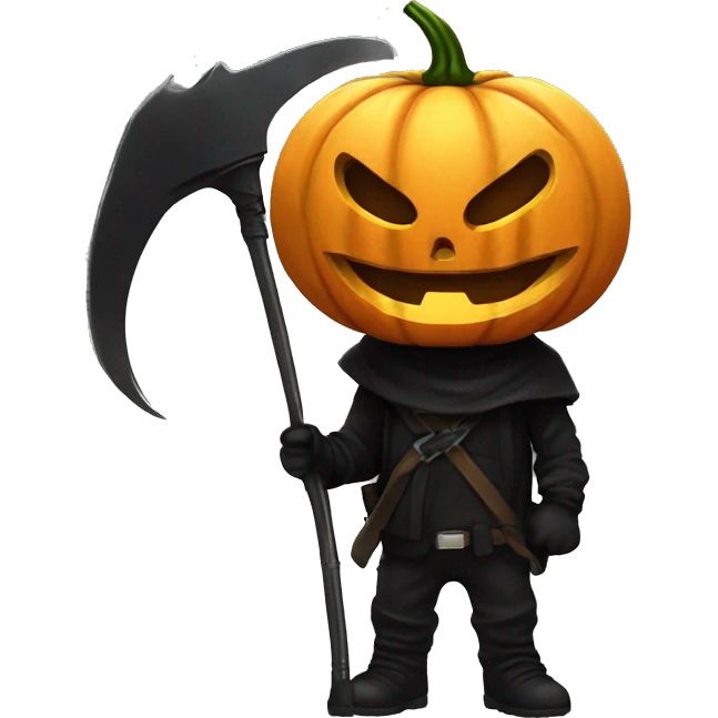 Human pumpkin hunter with a scythe, glowing pumpkin eyes inside a black helmet, Halloween theme, emoji" emoji
