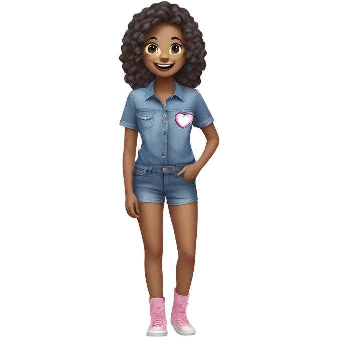 smiling girl in denim outfit tshirt color pink and blue and hearts love  emoji