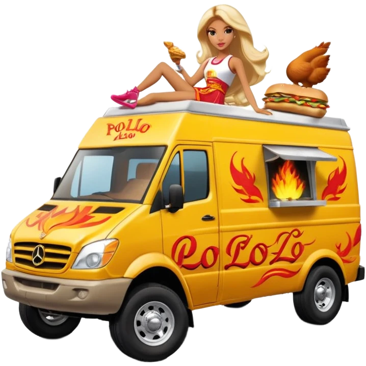 Hispanic pollo loco Barbie’s insanely flaming hot butt hurt burning chicken sandwich Extended length Sprinter 4500 van high roof off road rally delivery food truck capable of rock and desert racing  emoji