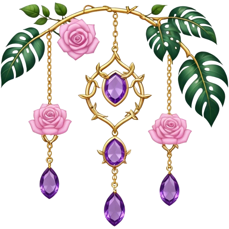 Hanging suncatcher, gold chains with shiny sparkly amethyst and rose-quartz gemstones, roses, beautiful tropical leaves, gorgeous aesthetics emoji