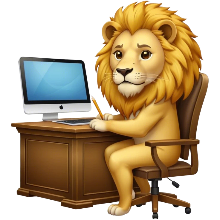 The lion-boss is sitting at the desk in the office. emoji