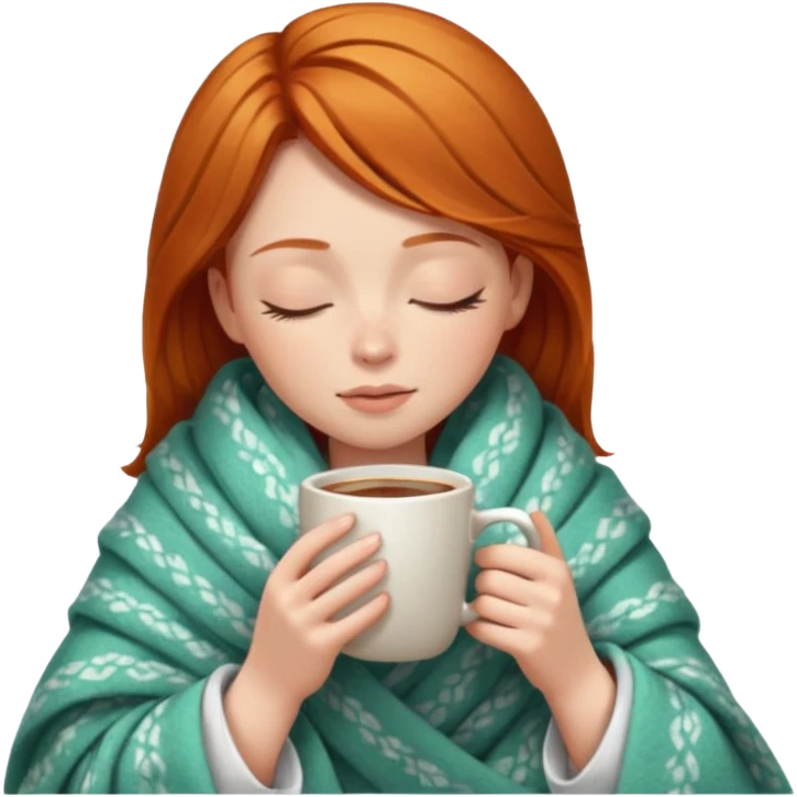 girl with ginger hair inside a blanket sipping coffee eyes closed emoji