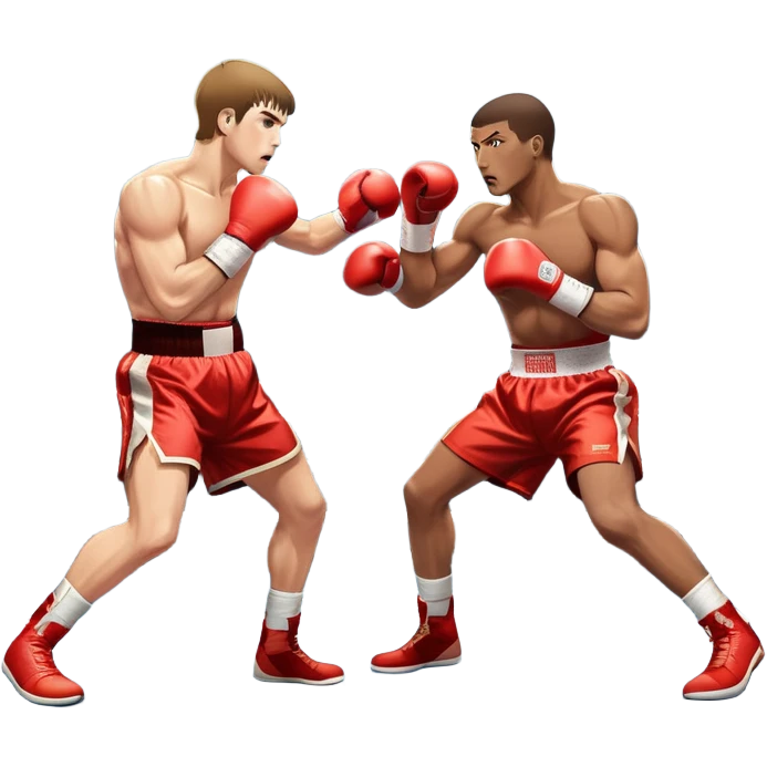 Two professional boxers in the ring, fighting for the world champion title. One delivers a long punch to the head, while the other skillfully dodges. The background features a crowded arena with bright lights and intense action. Transparent background emoji