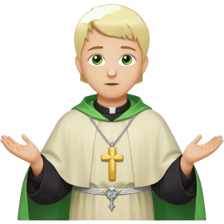 a priest, green eyes, blonde hair, light green chasuble (A wide, flowing, bell-shaped outer robe, without any religious symbols). opening arms, gazing thoughtfully. Soft light, subtle fern. Waist-up, profile. emoji