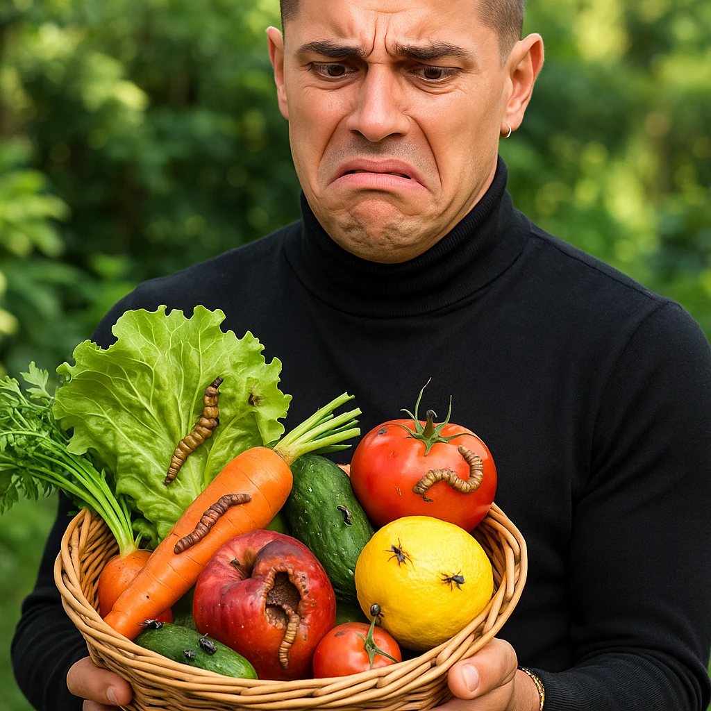 Create a realistic or semi-realistic style image of a 30-year-old man inspired by the reference image, holding a basket of fresh produce. The man has a disgusted expression. The fruits and vegetables show clear signs of contamination by insects and worms. The background is a garden. Emphasize strong contrast between freshness and contamination, conveying a health warning mood. emoji