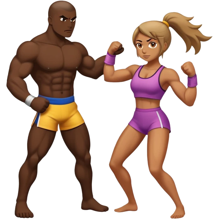 Tan girl fighting a dark guy, full body  emoji