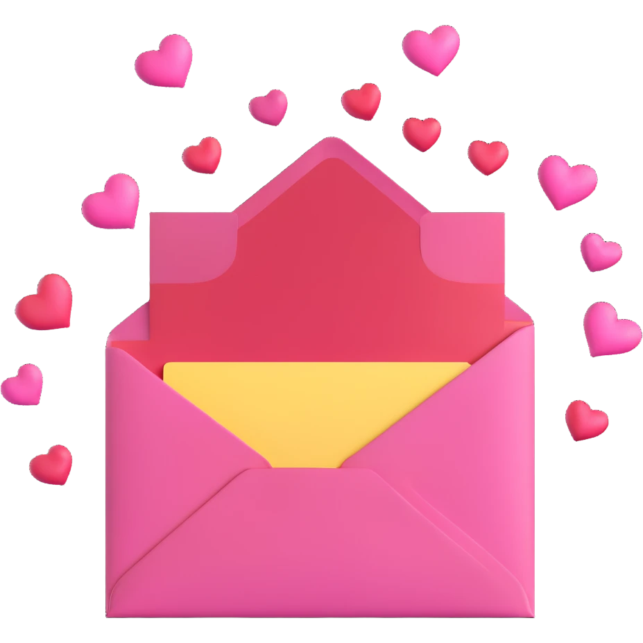 Recreate a pink envelope with a yellow card inside, several red and pink hearts coming out of the envelope, no text, white background, soft 3D shading and glossy highlights, matching the look of iOS 18 emojis. emoji