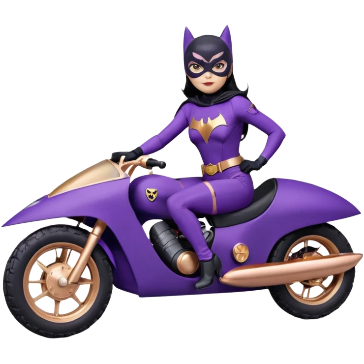  proportionally correct, real-appearance racing BatGirl’s feminine midnight-purple tight outfit sixty’s tv show 2032 stealth retro cat burglar sporty petite off-road pursuit hovering black hover cruiser car rose gold accents (black hair,reclined and relaxed seating position and attitude) Dakar emoji