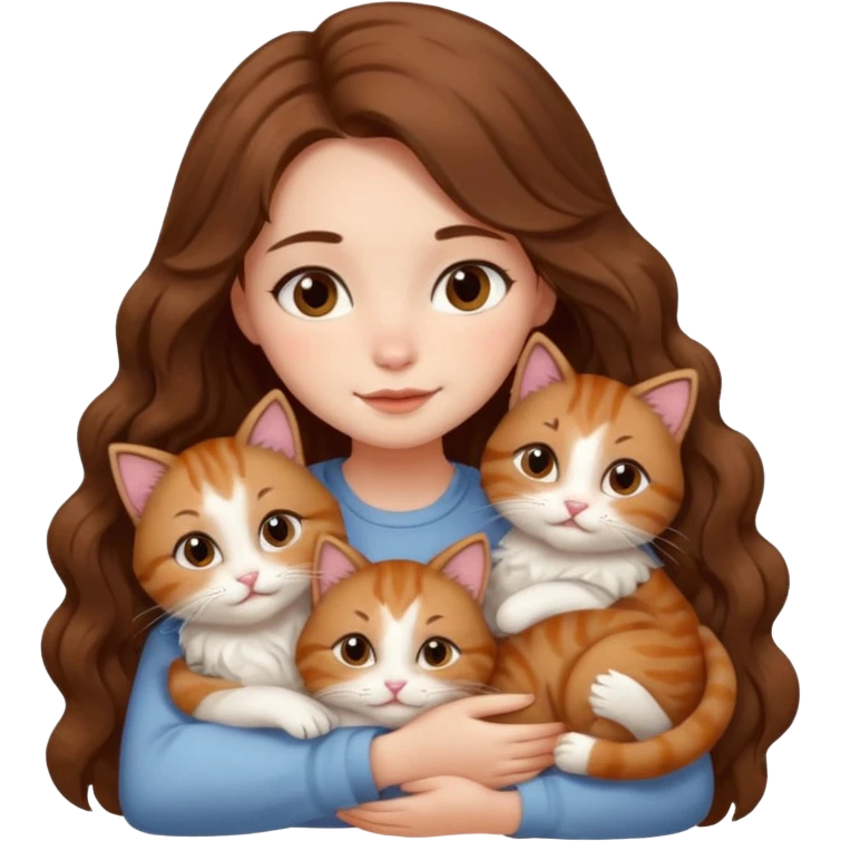 girl with long wavy brown hair cuddling with 6 cute cats emoji